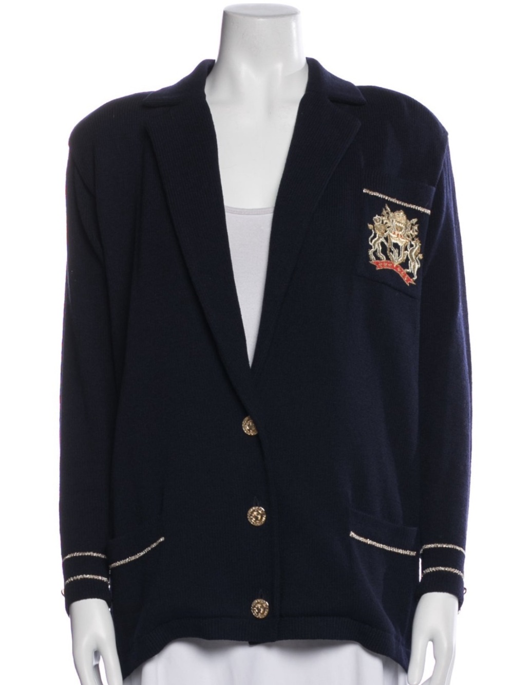 St. John Santana Knit Embroidered Crest Blazer Jacket – Navy Blue – Size M - Picture 3 of 10